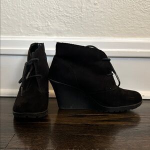 Black Suede Wedge Ankle Booties - Women's